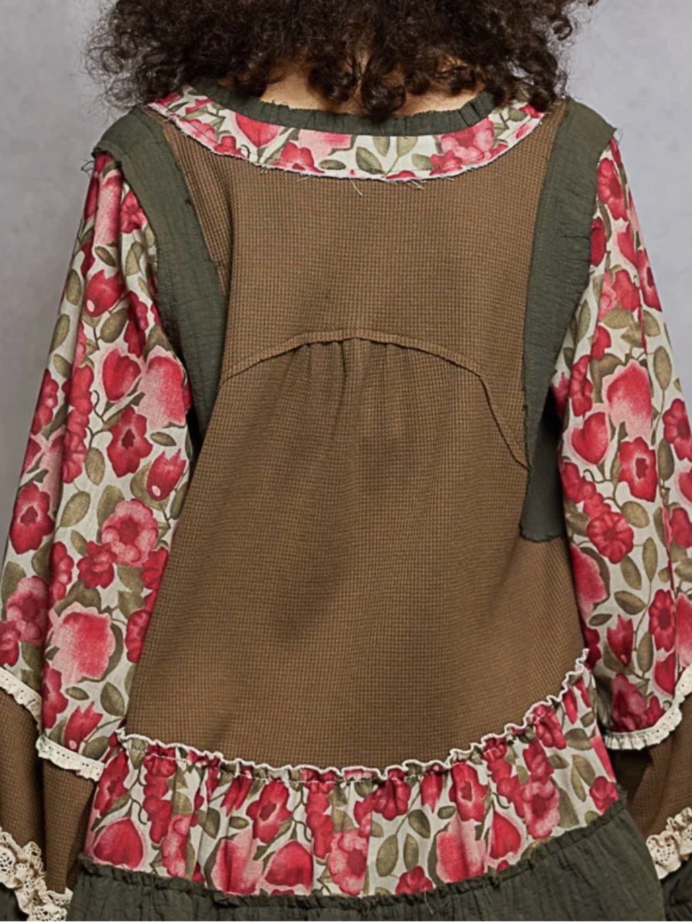 POL Olive Patchwork Peasant Top with Rose Floral Sleeves - Picture 2 of 2